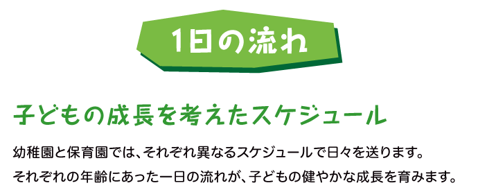 子どもの成長を考えたスケジュール：幼稚園と保育園では、それぞれ異なるスケジュールで日々を送ります。それぞれの年齢にあった一日の流れが、子どもの健やかな成長を育みます。